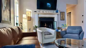 TV, fireplace, books, printers