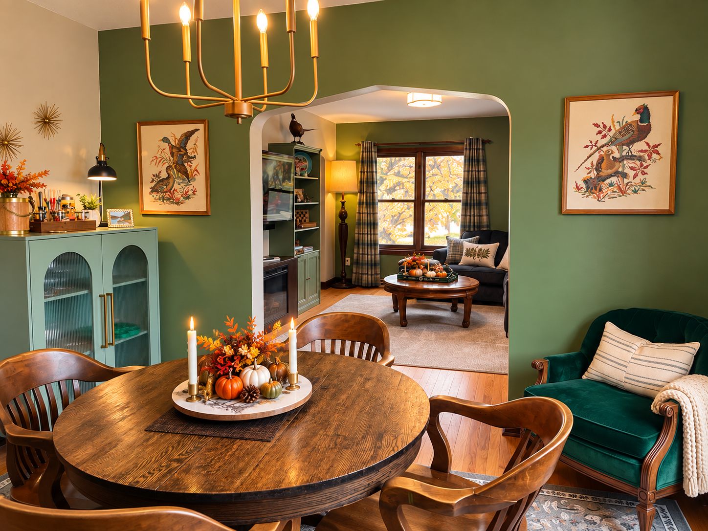Un coin repas avec une table ronde en bois, des chaises et une décoration centrale composée de bougies et de citrouilles.