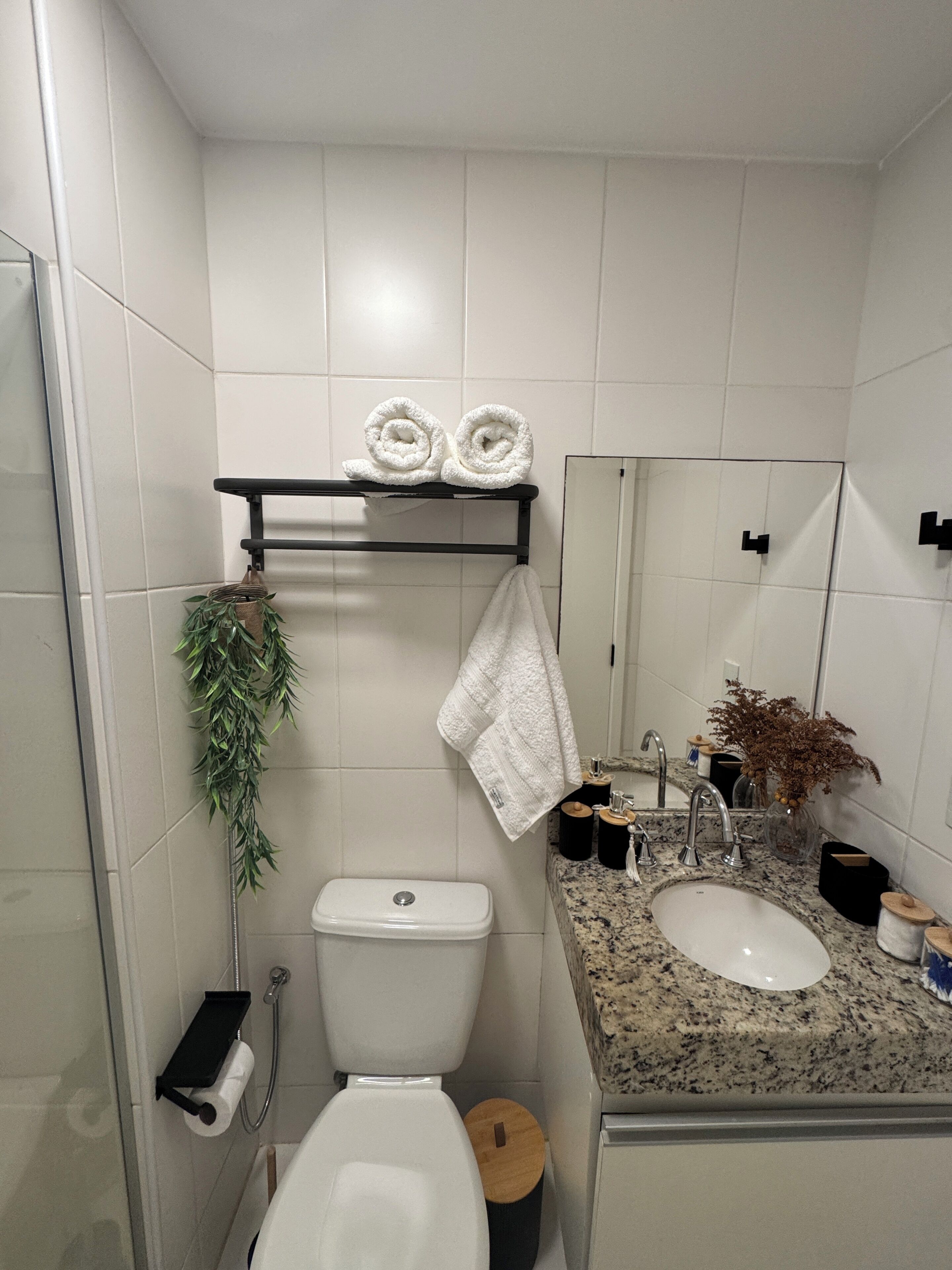 A bathroom with a toilet, sink, towel rack, and a mirror.