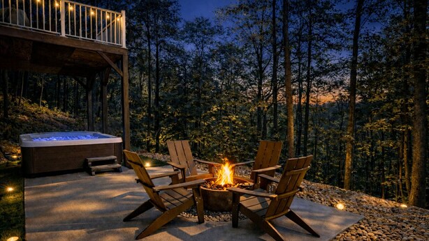 A hot tub, wooden chairs, and a fire pit in a forested area with a deck. - Modern Butterfly - Stylish 3 Bed 3 Bath with Hot Tub! Rumbling Bald Amenities! (Lake Lure)