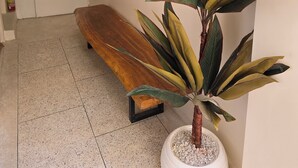 Un pasillo con un banco de madera, una planta en maceta y espejos decorativos en la pared.