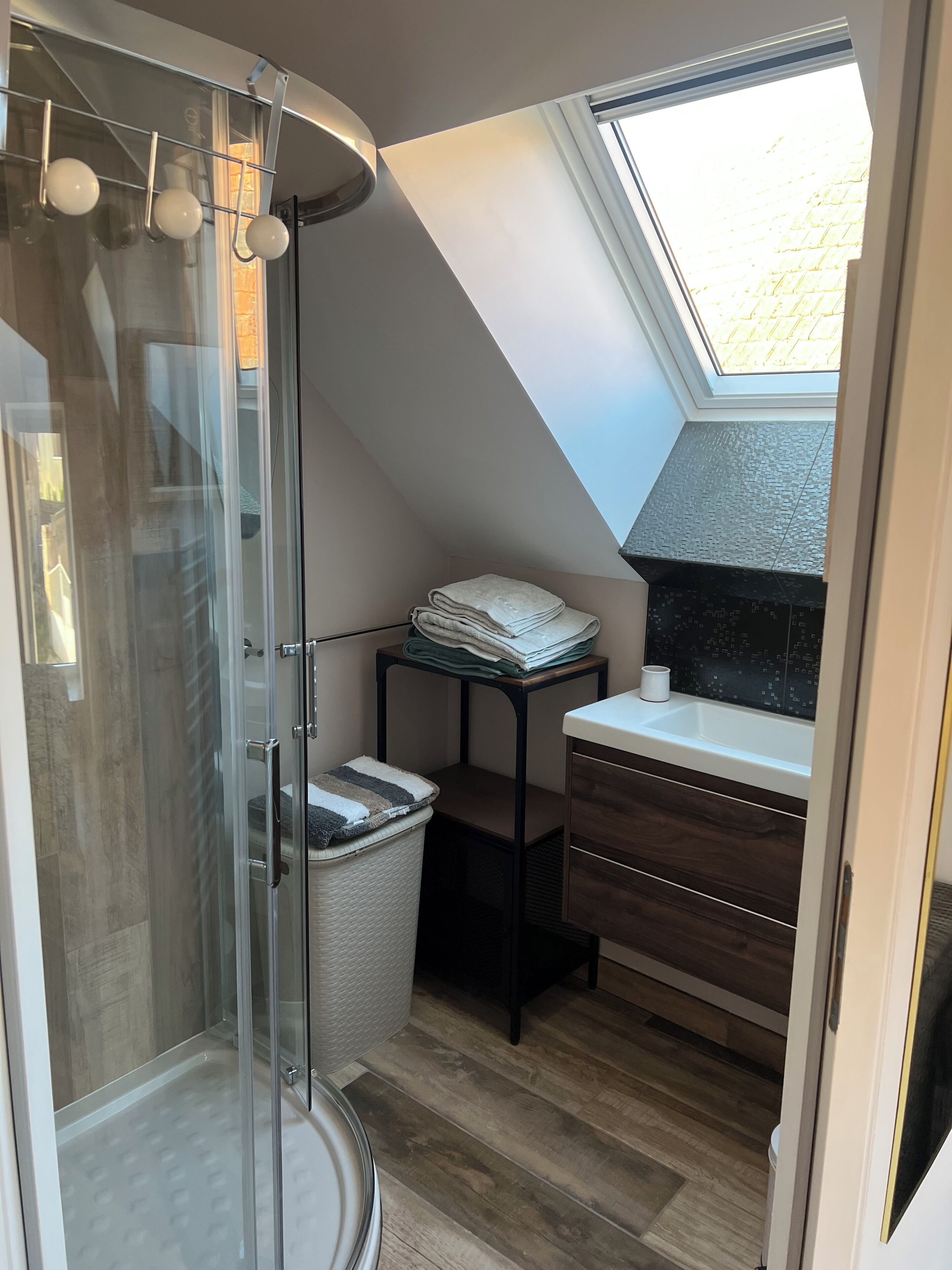 A compact bathroom with a glass shower enclosure, a small sink, a towel rack, and a window providing natural light.
