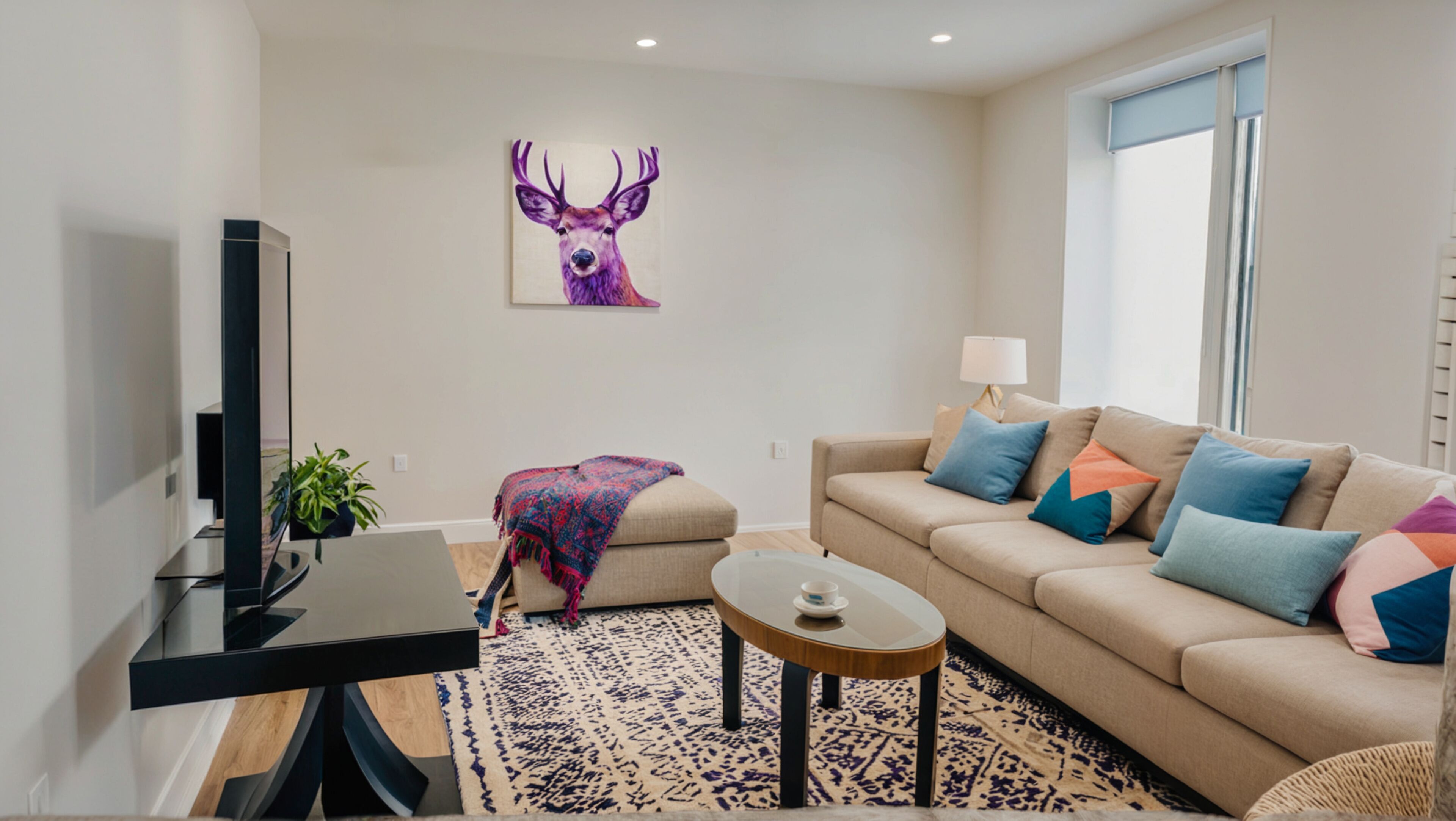 Una sala de estar moderna con un sofá, una mesa de centro y un televisor.