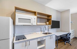 Full-sized fridge, microwave, stovetop