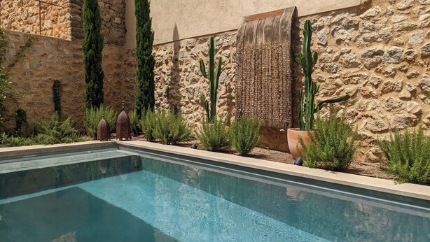 Una piscina con un muro de piedra y cactus.