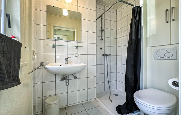 A bathroom with a white sink, a toilet, a shower with a black curtain, and a mirror above the sink.