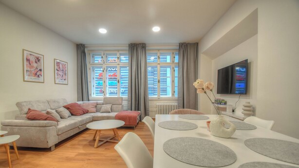 Una sala moderna con sofá, mesa de centro, mesa de comedor y sillas. Hay dos ventanas con cortinas, un televisor de pantalla plana montado en la pared y un radiador.