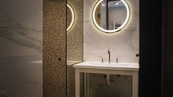 Shower, hair dryer, bidet, towels