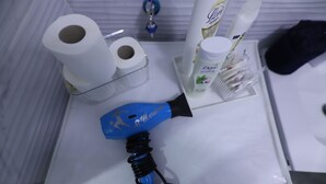 Kylpyhuoneessa on pyyheannostelija, wc-paperia, pullo Dove-saippuaa ja sininen hiustenkuivaaja.