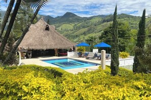 A pool area with a thatched-roof structure, lounge chairs, and a view of green hills.