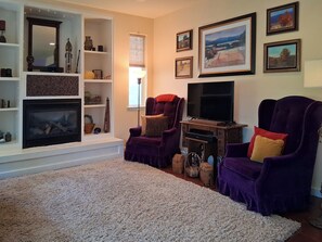 Smart TV, chimenea, libros