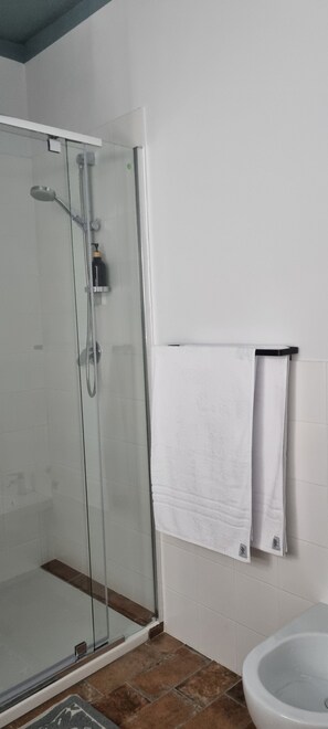 Douche, sèche-cheveux, bidet, serviettes fournies
