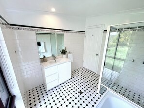 Hair dryer, towels, soap, toilet paper