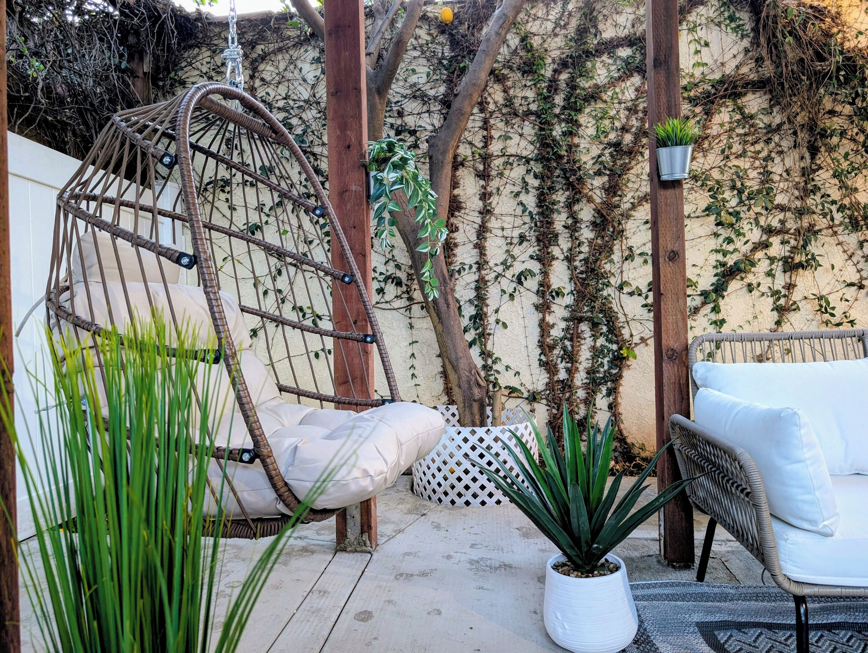 A hanging chair, a white cushioned bench, a potted plant, and a wicker chair with white cushions.
