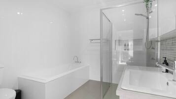 Shower, hair dryer, towels, shampoo
