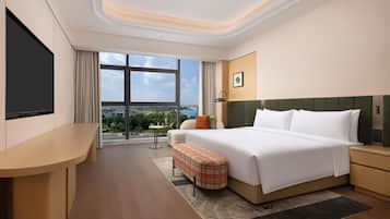 A hotel room with a large bed, a desk, a chair, a TV, and a view of the city.