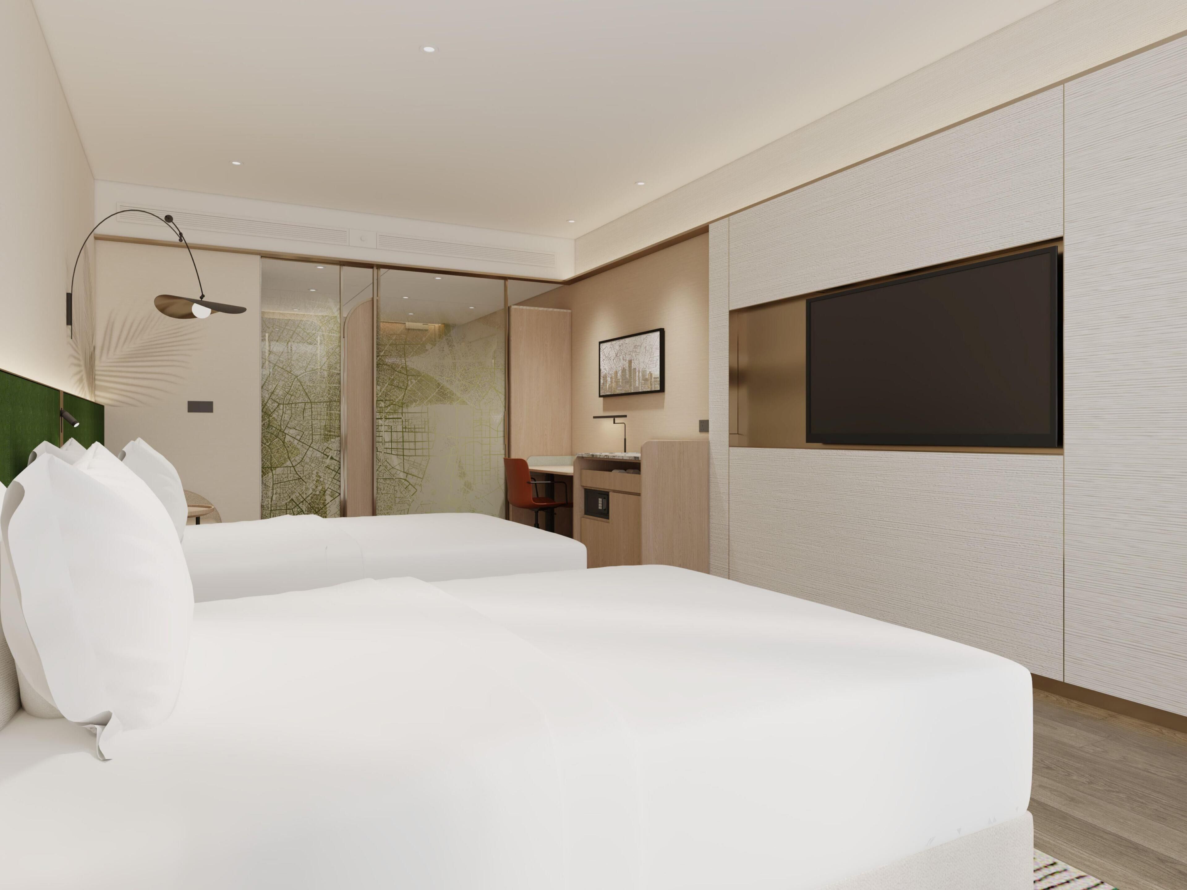 Minibar, desk, laptop workspace, blackout curtains