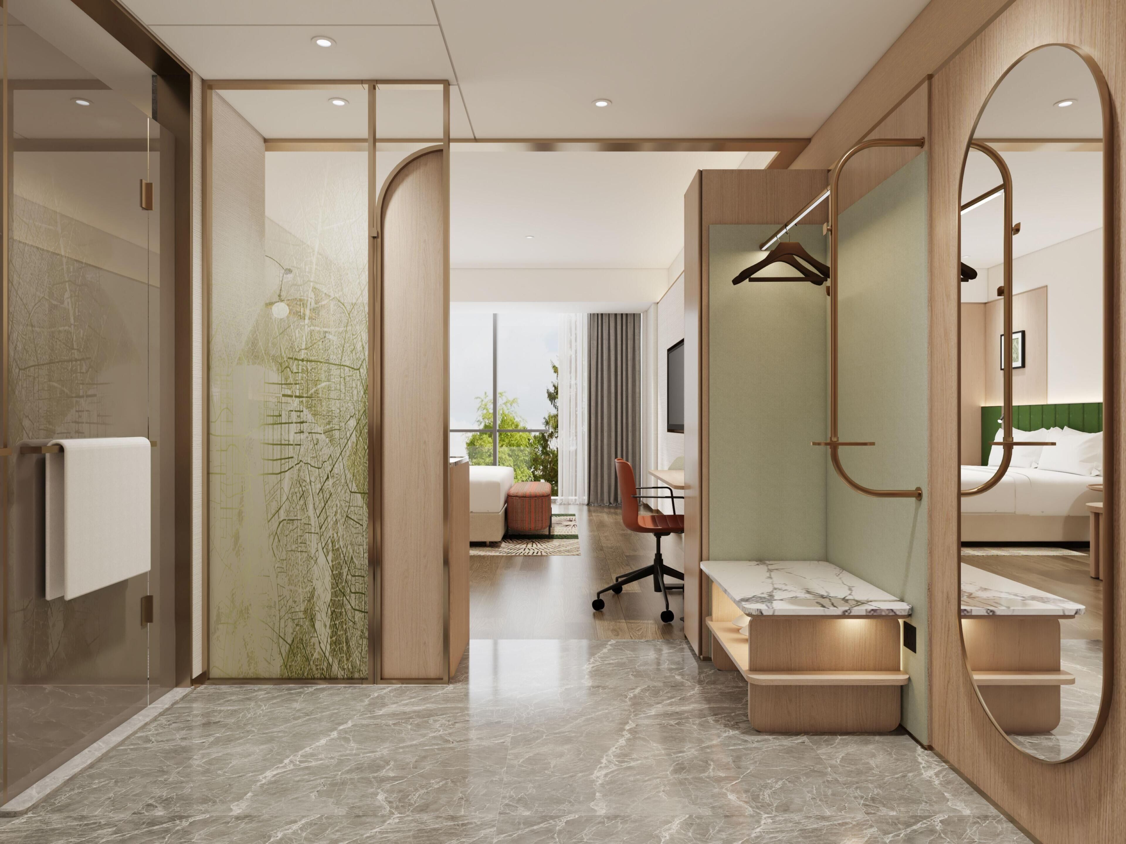 Minibar, desk, laptop workspace, blackout curtains