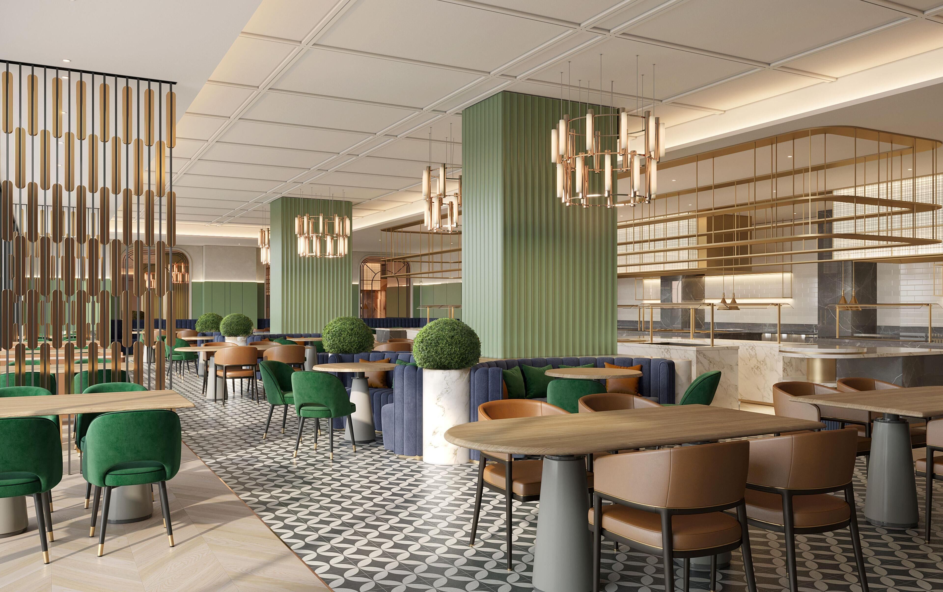 A modern restaurant interior with high ceilings, green and blue seating, and a patterned floor.