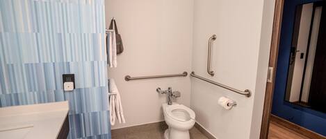 A bathroom with a toilet, handrails, a towel rack, and a sink.