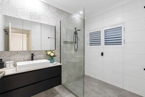 Hair dryer, towels, soap, toilet paper