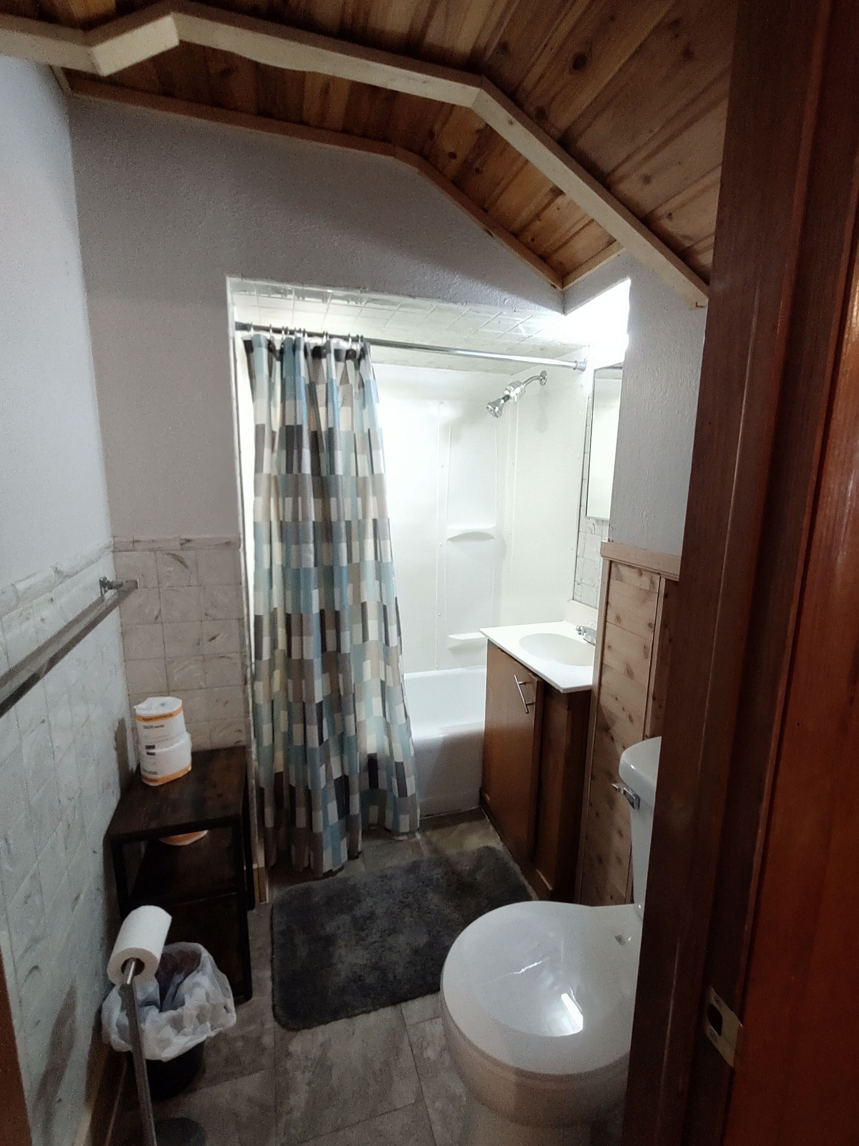 Un baño con ducha, inodoro y lavamanos.