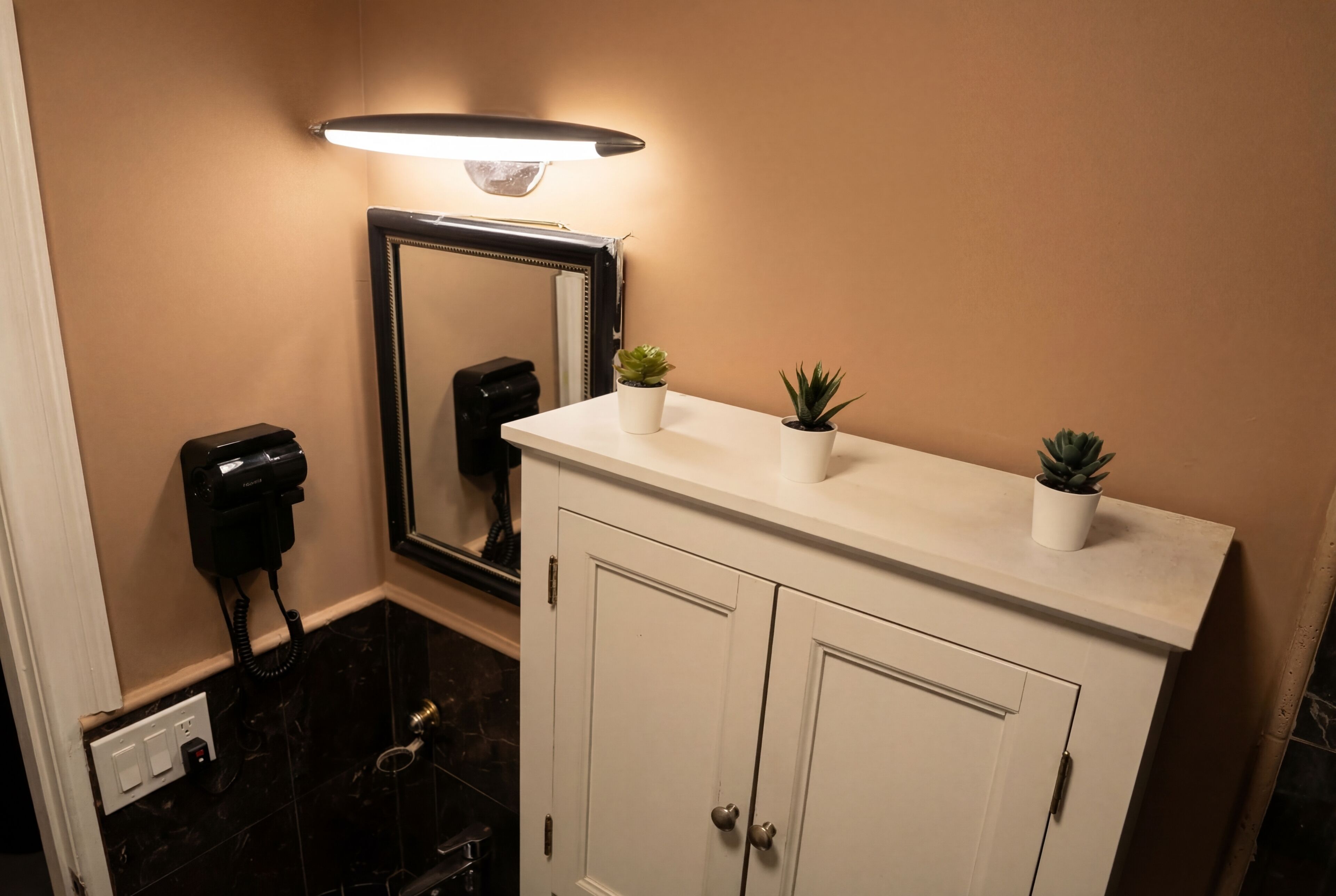 A bathroom with a white vanity, a mirror, a hairdryer, and two potted plants.