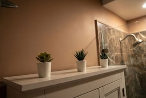 Secadora de cabello, toallas, jabón, papel de baño