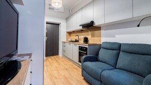 A compact living space with a kitchenette, a sofa, and a television. - Park Wilsona Charming Studio (Poznań)