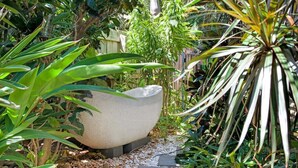 A garden with a large planter, various plants, and a pathway. - Balu luxe (Broome)