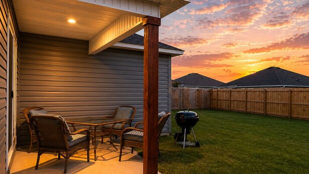 A covered patio with wicker furniture and a barbecue grill. - Modern Family Retreat • 3BR/2BA • BBQ Patio • Designed for Comfort (Pea Ridge)
