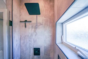 Shower, hair dryer, bidet, towels