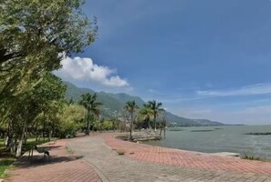 A paved walkway beside a body of water with trees and a bench.