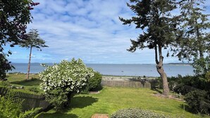 A landscaped garden with a wooden deck, a large tree, and a view of the sea. - Private Beach Front Executive Home (Bellingham)