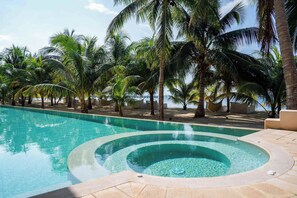 Une piscine avec un jacuzzi circulaire, entourée de palmiers et surplombée d’un ciel dégagé.