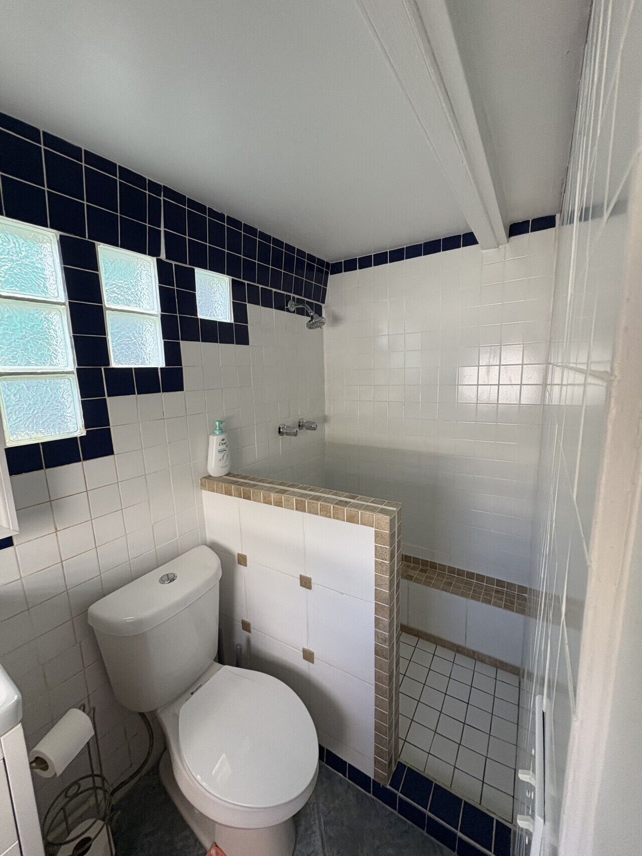 A bathroom with a toilet, a shower, and a sink.