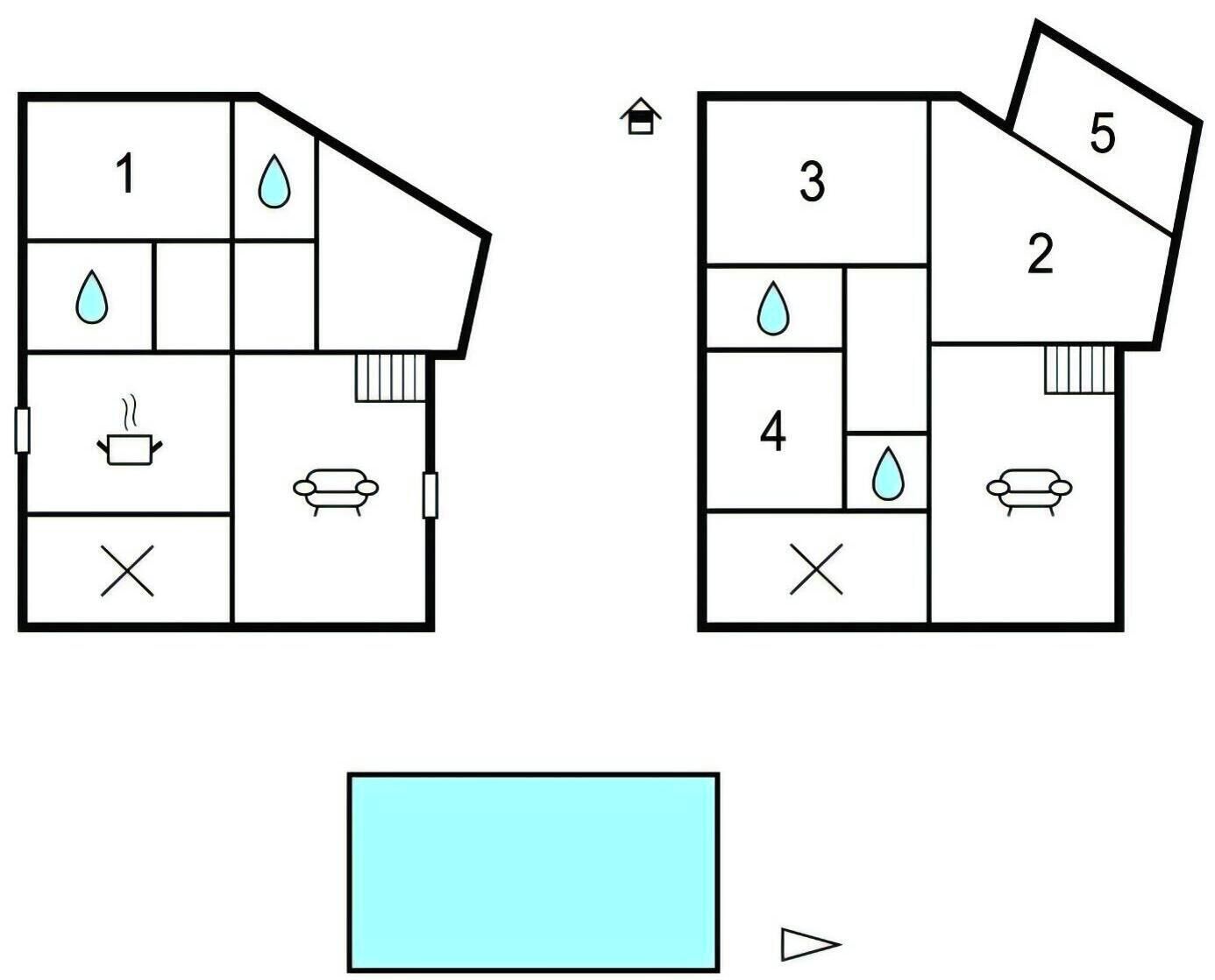 Two floor plans of a hotel with numbered rooms, a kitchen, and a bathroom.
