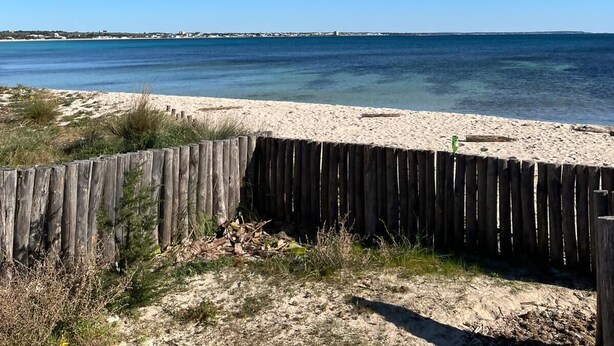 A beach with a wooden fence, clear blue sky, and calm sea. - Bonomi vacation home 15 meters from the beach (Porto Cesareo)
