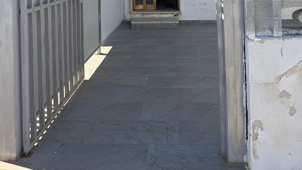 Un ingresso recintato con cancello metallico, una porta con pannello in vetro e un vialetto in cemento che conduce all'ingresso.
