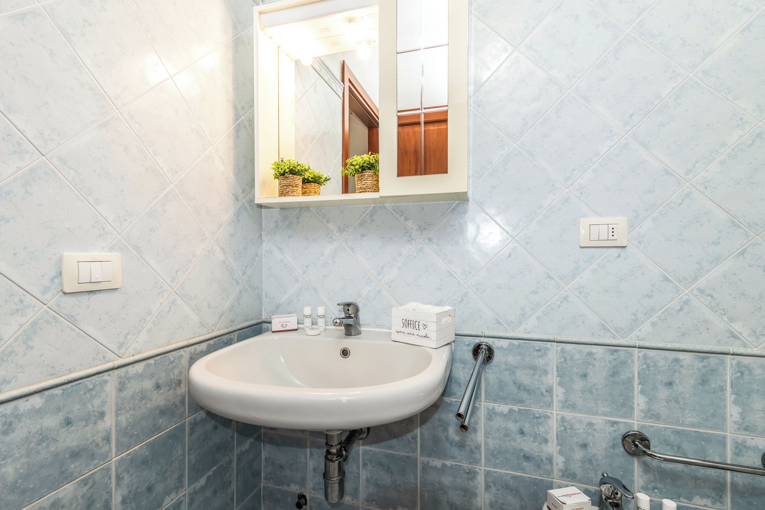 Une salle de bain avec un lavabo blanc, un miroir et une barre d’appui.