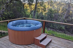 Un bain à remous sur une terrasse en bois, avec une rambarde en métal, entouré d’arbres.