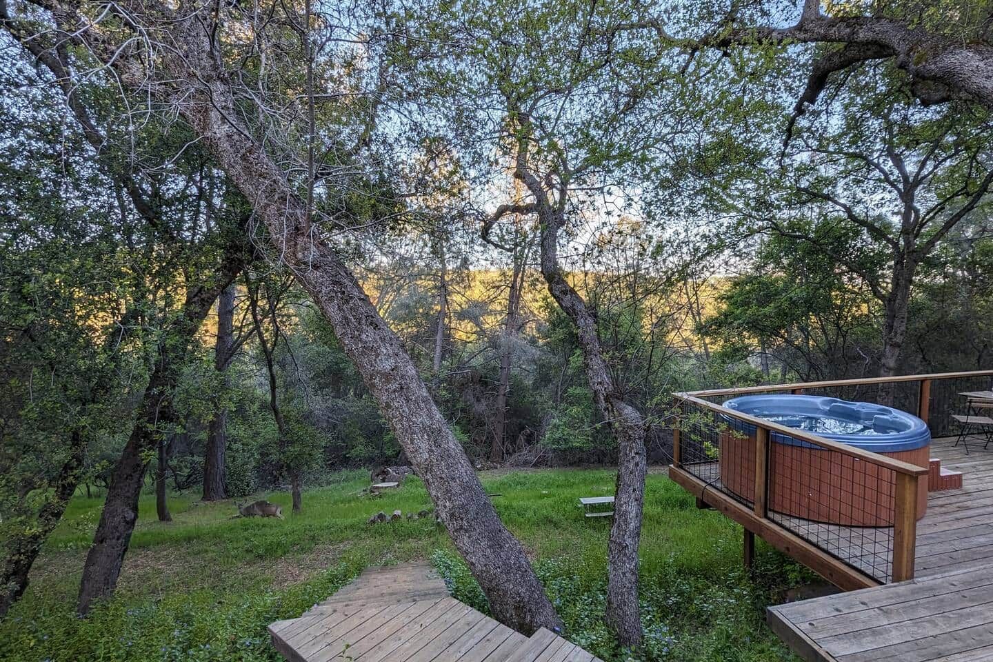 A hot tub on a wooden deck surrounded by trees.