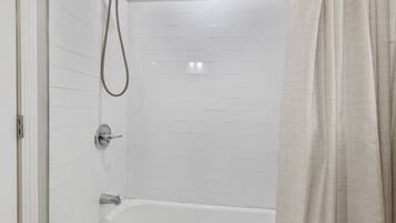 Hair dryer, towels, soap, toilet paper