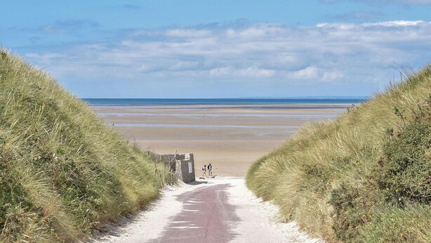 Ein Weg, der zu einem Strand mit Dünen an beiden Seiten führt.