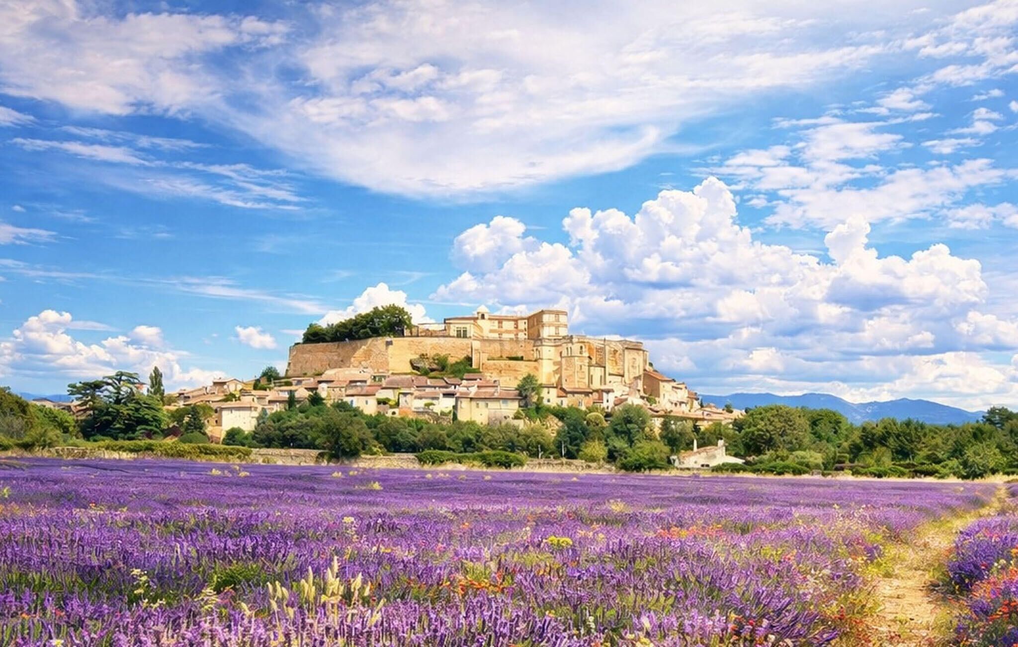 A historic building with a fortified structure, surrounded by a lavender field and a clear sky.