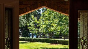 Une porte ouverte donne sur un patio où se trouvent deux chaises et une petite table, le tout étant entouré d’une pelouse bien entretenue et d’arbres.