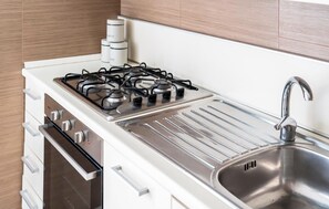 Eine Küche mit Herd, Backofen und Spüle aus Edelstahl.