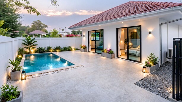 Een modern huis met een zwembad, een overdekt terras en een slaapkamer met een schuifdeur van glas.