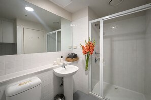 Douche, sèche-cheveux, serviettes fournies, savon