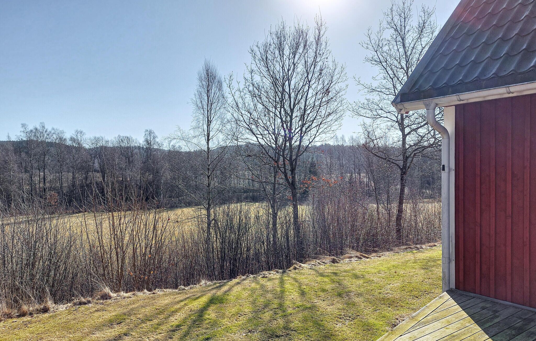 Un paysage rural avec un ciel dégagé, une construction en bois dotée d’une porte rouge et une zone herbeuse parsemée d’arbres.
